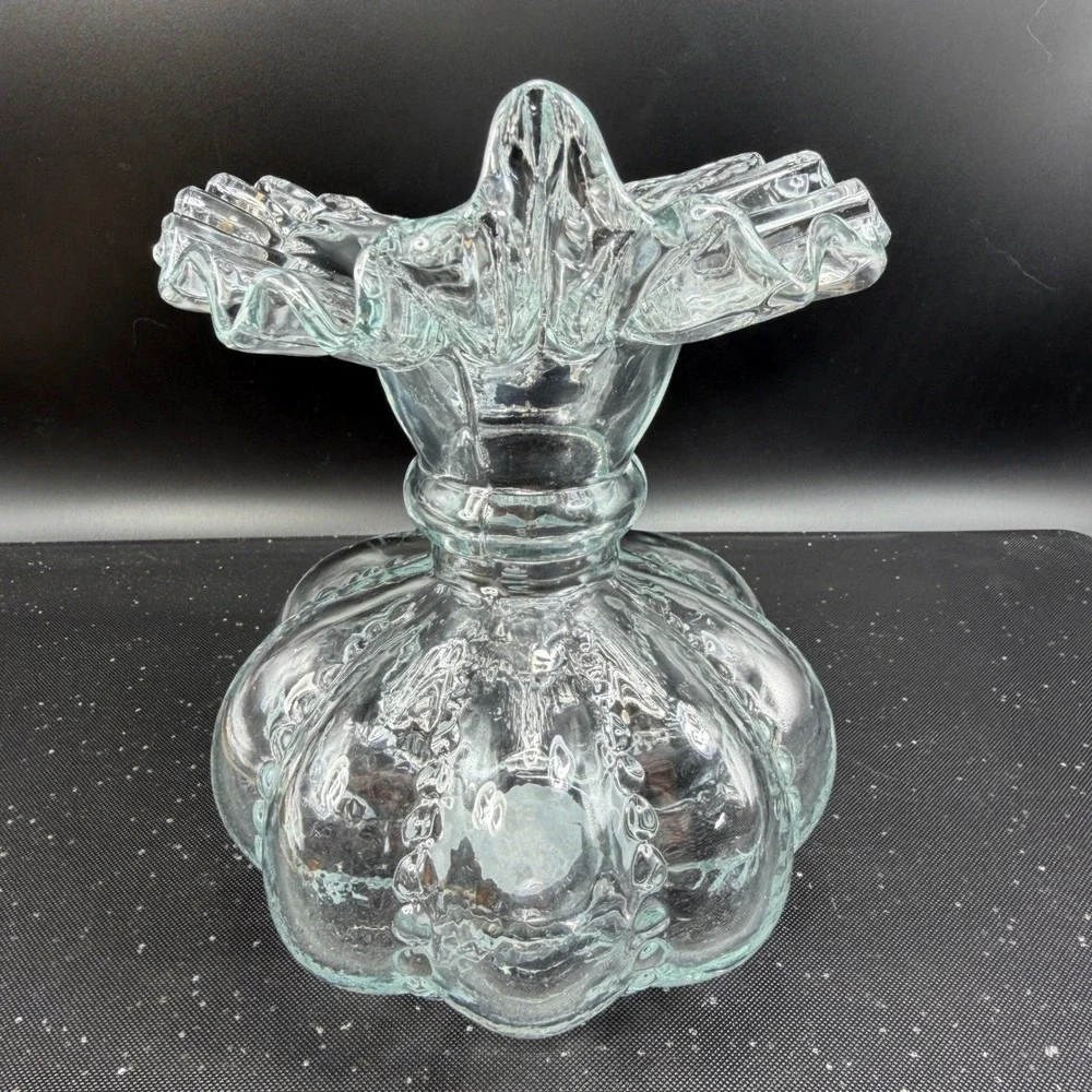 Clear Glass Ruffled Vase Hobnail Lobed Pumpkin‎ Base Heavy 8 Inch Vessel VTG